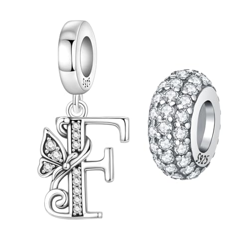 2 Pack 925 Sterling Silver Butterfly Letter Charms for Bracelets and Necklace Alphabet Initial Dangle Pendants Round Spacer Beads Pave Cubic Zirconia Jewelry Gift for Women - color: F Set