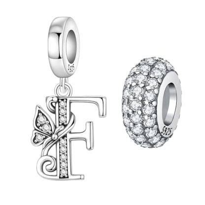 2 Pack 925 Sterling Silver Butterfly Letter Charms for Bracelets and Necklace Alphabet Initial Dangle Pendants Round Spacer Beads Pave Cubic Zirconia Jewelry Gift for Women - color: F Set