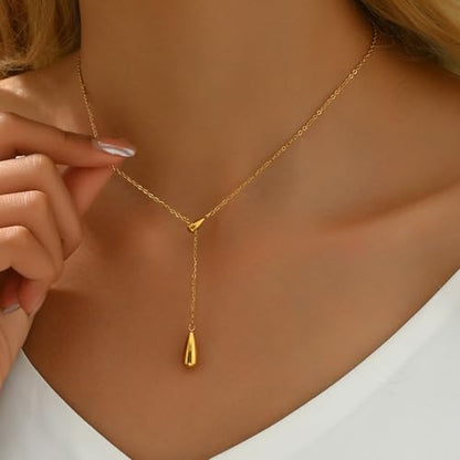 Dainty 18K Gold Plated Lariat Necklace for Women Delicate Y Chain Rose Pearl Diamond Long Drop Necklace Layering Bridal Jewelry Gift - color: Waterdrop-Gold
