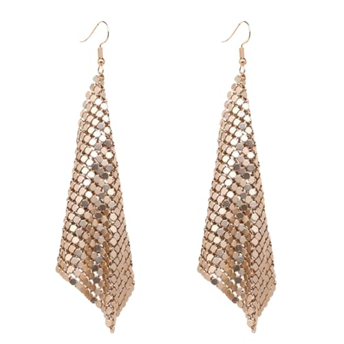 Mesh Sequin Tassel Long Drop Earrings for Women, Lightweight Metal Grid Fringe Dangle Earrings, Colorful Sparkly Alloy Wedding Bridal Party Jewelry (1 pair) - color: Gold