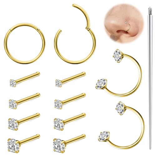 Hoeudjo 18G Horseshoe Nose Ring Surgical Steel Hinged Nose Hoops for Women Nose Studs 1.5MM/2MM/2.5MM/3MM Cubic Zirconia Bone & Screw & L-shaped Nostril Ring Body Piercing Jewelry for Women Men - color: goldtone,nose bone studs, size: 1.5/2/2.5/3mm CZ