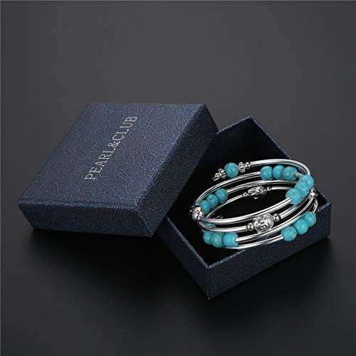 PEARL&CLUB Beaded Chakra Bangle Turquoise Bracelet - Fashion Jewelry Wrap Bracelet with Thick Silver Metal and Mala Beads, Birthday Gifts For Women - color: 58-Turquoise