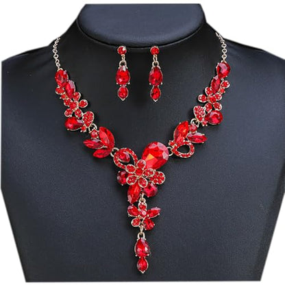 Rhinestone Crystal Bridal Necklace Floarl Art Deco Teardrop Collar Necklace Dangle Earrings Jewelry Set for Women - color: Red