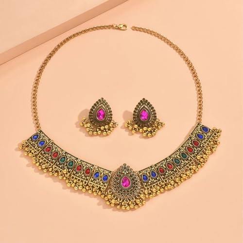 Frodete Indian Jewelry Sets for Women Traditional Bohemian Wedding Jewelry Set Indian Dresses for Women Oxidized Ethnic Party Prom Wear - color: B2:pink indian necklace earring sets