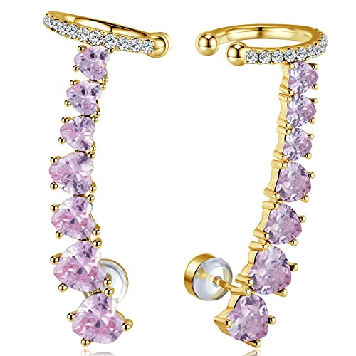 925 Sterling Silver Post Stud Earrings for Women Cartilage Ear Cuffs Hoop Climber 7 Multcolors Cubic Zirconia CZ Hypoallergenic Piercing Gifts For Her - color: Pink Gold