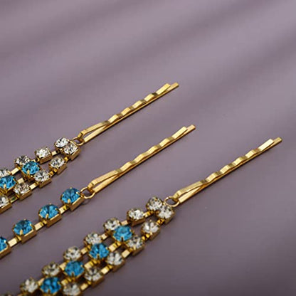 Bohemian Full Gold Rhinestone Chain Blue Crystal Head Chain Clip Drop Pendant HeadPieces Forehead Headband Hair Accessories for Wedding Brides Party Prom Costume (Gold Blue) - color: Gold Blue