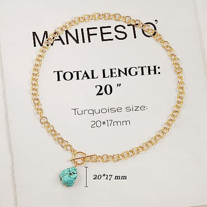 18k Gold Plated Chain Link Necklace for Women, Baroque Pearl/Compass Pendant Necklace - color: Turquoise
