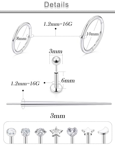 20G 18G 16G Threadless Lip Labret Medusa Monroe Nose Piercing Jewelry Surgical Steel Snake Bites Lip Rings Flat Back Push in Cartilage Tragus Helix Conch Earring Stud 6mm 8mm 10mm Bars - color: Silver-16G（1.2mm) - Bars:6mm - Hinged Clicker Rings:8mm 10mm
