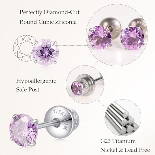 Limerencia Birthstone Screw Back Earrings G23 Implant Grade Titanium Stud Earrings Hypoallergenic Cubic Zirconia Posts Studs Jewelry Gifts for Girls Sensitive Ears - color: June