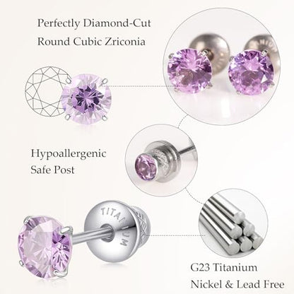 Limerencia Birthstone Screw Back Earrings G23 Implant Grade Titanium Stud Earrings Hypoallergenic Cubic Zirconia Posts Studs Jewelry Gifts for Girls Sensitive Ears - color: June