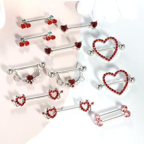 TIANCI FBYJS 6 Pairs Nipple Rings Stainless Steel Heart Butterfly Moon Flower CZ Stud Barbell Tongue Rings Set Cute Nipplerings Piercing Jewelry for Women Pink Tone - color: red