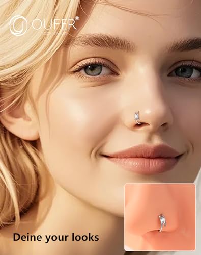 OUFER Nose Rings Silver, 20G Double Hoop 8MM Nose Rings, Seamless Stainless Steel Rook Daith Piercing Jewelry for Women & Men - style: Style6-Square Diamond