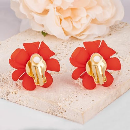 LAXPICOL Fashion Flower Clip On Earrings For Women Cute Lovely Acrylic Flower Earrings No piercing Earrings - color: red
