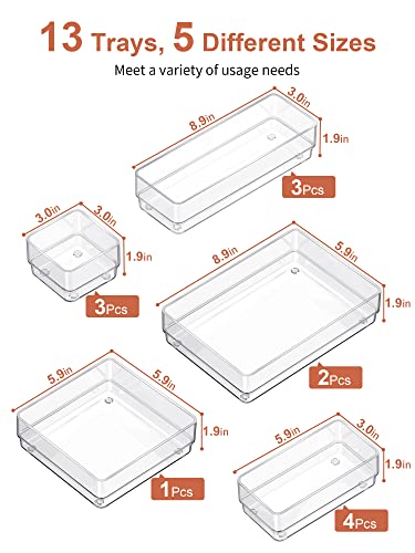 SMARTAKE 13 PCS Drawer Organizer 5-Size Desk Makeup Drawer Organizer Clear | Storage Trays for Makeup with Non Slip Silicone Pads, Jewelries, Utensils in Bedroom Dresser, Office, Kitchen and Bathroom - style: 13 PCS