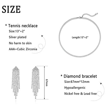 Luxval Rhinestone Earrings Dangling for Women Sparkly Silver Dangle Earrings Girls Long Chandelier Earrings Tassel Lightweight Ear Studs Cubic Zirconia Crystal Statement - color: Silver-Tennis Set