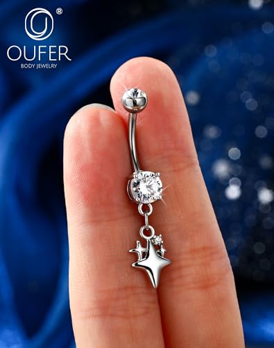 OUFER 14G Star Silver Gold Dangle Belly Button Ring 316L Surgical Stainless Steel CZ 10mm Bar Length Navel Piercing Jewelry for Women - color: Silver