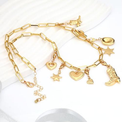 Charm Necklace for Women Gold Evil Eye Sun Moon Flower Coin Pendant Necklace Dainty Paperclip Chain Vintage Luck Amulet Choker Necklaces Celestial Jewelry Gift - style: Detachable- Cowgirl, Boot