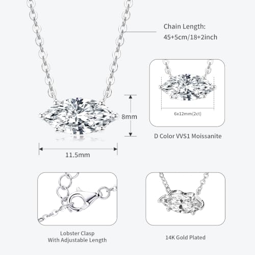 2CT Marquise Moissanite Pendant Necklace for Women | 6x12mm D Color Marquise Cut Moissanite, 14K Gold Plated Dainty Pendant Luxury for Wife Mom Birthday Gifts - color: Silver