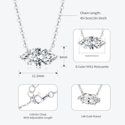 2CT Marquise Moissanite Pendant Necklace for Women | 6x12mm D Color Marquise Cut Moissanite, 14K Gold Plated Dainty Pendant Luxury for Wife Mom Birthday Gifts - color: Silver