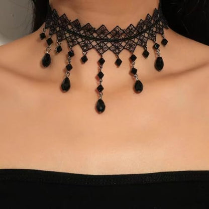 CSIYANJRY99 Gothic Choker Necklace for Women Halloween Red Crystal Vampire Choker Steampunk Lace Choker Witch Costume Accessories - style: Plaid tassel