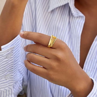 Cicy Bell Initial Rings for Women 18k Gold Plated Adjustable Rings | Open Signet Rings, Bold Letter, Personalized Engraved, For Party - color: Initial-W