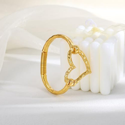 Moodear Chunky Gold Bangle Bracelets for Women, 14K Gold Plated/Silver Cuff | Chunky Statement Jewelry with Hammered Texture, Non Tarnish Gold Plated Finish, Unique Cuff Design, Lightweight Comfort - style: Heart Bangle Gold 18.5cm （≈7IN）
