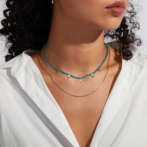 KissYan Beaded Choker Necklace for Women, Colorful Natural Gemstones Pearl Choker 14K Gold Plated Pendant Healing Crystal Necklace Handmade Stone Jewelry Gift | 14K Gold Plated Pendant Necklaces, Natural Gemstones Pearl Choker, Healing Crystal Chain, Hand