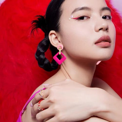 70s 80s Vintage Resin Neon Square Dangle Drop Earrings Simplicity Acrylic Hollow Round Circle Geometry Stud Earrings for Women - style: Pink Rose Red