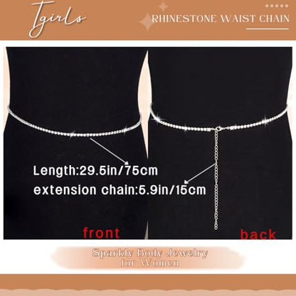 Tgirls Crystal Waist Chains Silver Sexy Layered Heart Rhinestone Belly Bikini Body Chains Sparkly Love Waist Body Jewelry for Women