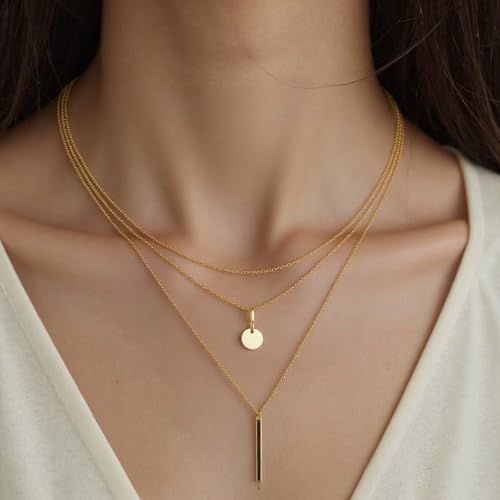 Necklace for Women with Circle and Bar Pendants Layered Jewelry Versatile Design - color: golden