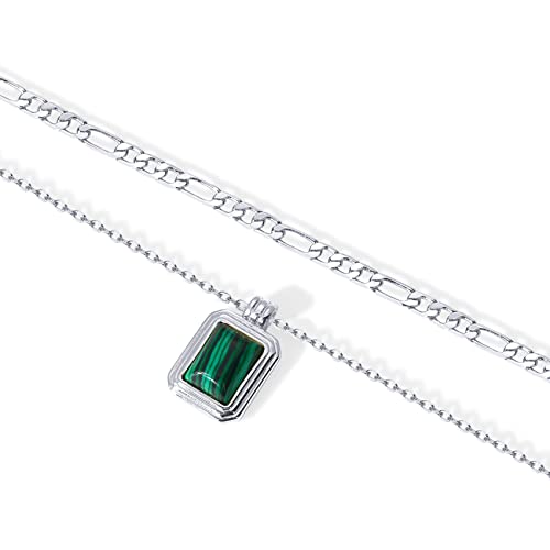 PAVOI 14K Gold Plated Layered Necklaces for Women | Gemstone Pendant Figaro Chain Necklace | Carnelian, Green Aventurine, Malachite Layering Necklace - color: White Gold, style: Malachite