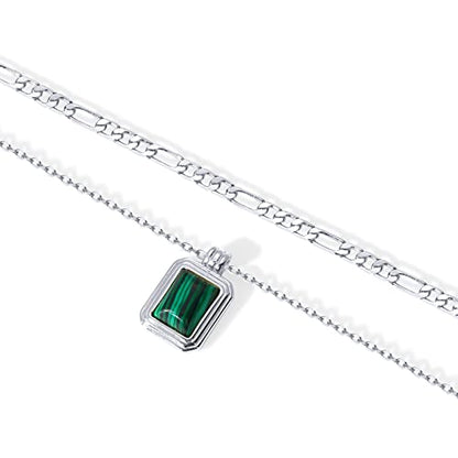 PAVOI 14K Gold Plated Layered Necklaces for Women | Gemstone Pendant Figaro Chain Necklace | Carnelian, Green Aventurine, Malachite Layering Necklace - color: White Gold, style: Malachite