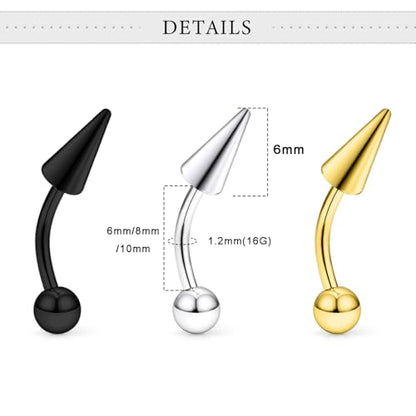18Pcs Angel Bites Piercing Jewelry Surgical Steel Vertical Labret Lip Jewelry 16G Snake Bites Piercing Jewelry Curved Barbell Long Spike Eyebrow Rings for Women Men Bar Length 6mm/8mm/10mm - style: spike length 6mm