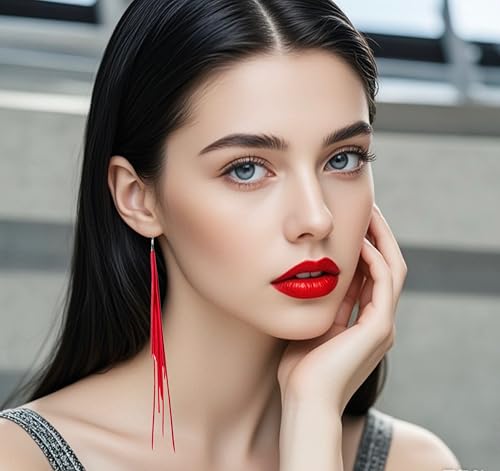 Leather Tassel Earrings Bohemian Tassel Fringe Dangle Earrings Boho Handmade Leather Feather Long Tassel Earrings Western Jewelry for Women - color: Red