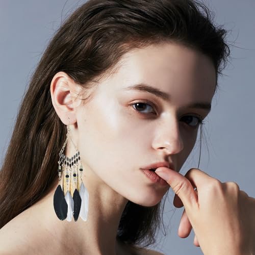 Faux Feather Fringe Tassel Long Dangle Earrings for Women | Bohemian Women Tassel Drop Jewelry - color: black grey