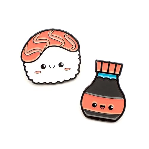Enamel Pin Set (2 Pins Per Set) for Backpack, Bag, Lapel, Noodles, Food, Kawaii Button Collector - style: Sushi & Soy Sauce