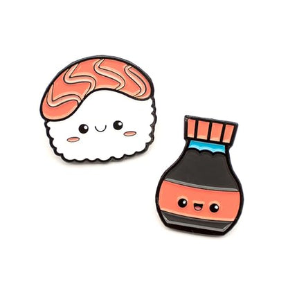 Enamel Pin Set (2 Pins Per Set) for Backpack, Bag, Lapel, Noodles, Food, Kawaii Button Collector - style: Sushi & Soy Sauce