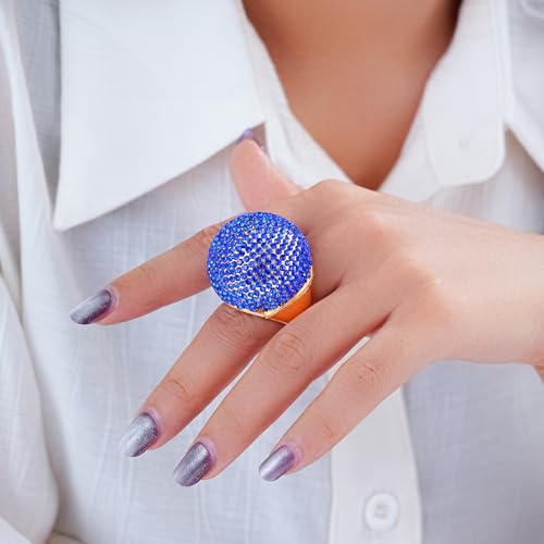 Gold Snowball Rhinestone Cocktail Ring – Adjustable Stretch Sparkling Party Jewelry for Women, Elegant Costume Ring for Evening Wear, Wedding, Prom - color: blue