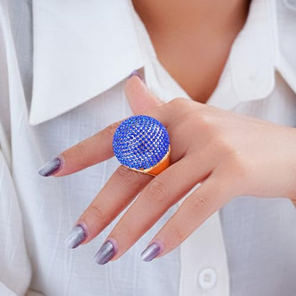 Gold Snowball Rhinestone Cocktail Ring – Adjustable Stretch Sparkling Party Jewelry for Women, Elegant Costume Ring for Evening Wear, Wedding, Prom - color: blue