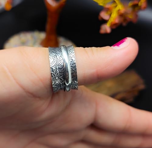 925 Sterling Silver Spinner Ring for Men & Women Engraved Floral Band Anxiety Relief Fidget Ring Meditation Ring Statement Jewelry Size 5 To 12