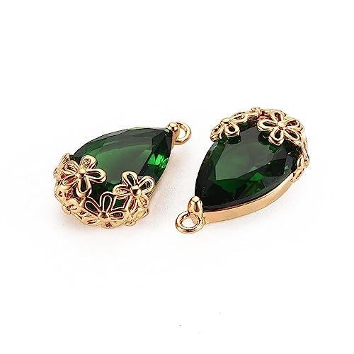 FASHEWELRY 50Pcs Faceted Teardrop Glass Charms Transparent Crystal Drop Pendants with Light Gold Brass Flower Setting for DIY Bracelet Necklace Earring Jewelry Craft Making - color: Green