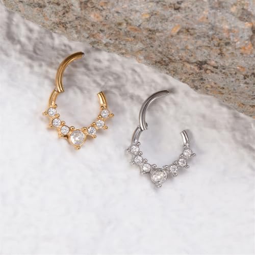 Cubic Zirconia Septum Nose Hoop Ring | 316L Stainless Steel,Round Rhinestone,Cartilage Huggie Earring,16G,8mm Piercing Jewelry,for Women Men - color: Silver