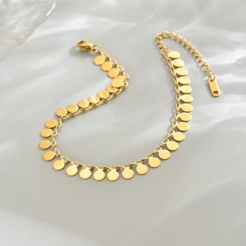 18K Gold Plated Ankle Bracelets for Women Dainty Star Coin Teardrop Square Tassel Anklets Cute Dangle Foot Chain Stainless Steel Beach Foot Jewelry - style: Coin Tassel-Gold