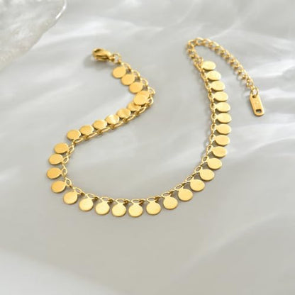 18K Gold Plated Ankle Bracelets for Women Dainty Star Coin Teardrop Square Tassel Anklets Cute Dangle Foot Chain Stainless Steel Beach Foot Jewelry - style: Coin Tassel-Gold