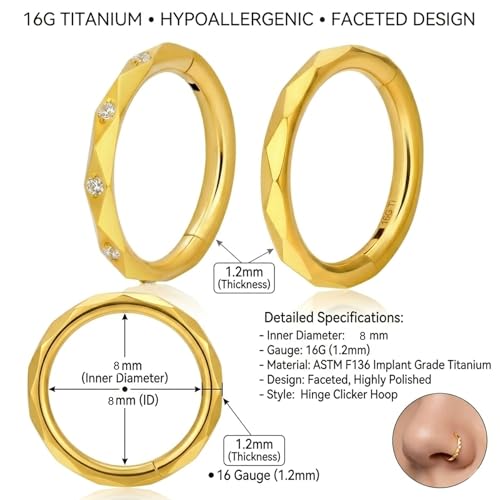 2PCS 16G Titanium Nose Rings for Women, Nostril and Septum | F136 Implant Grade Titanium, Hypoallergenic, 1.2 mm ×8 mm, Faceted and CZ Hinged Clicker Hoops for Nostril or Septum - color: Style B Gold-8mm