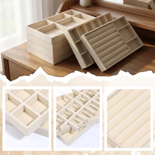 Set of 8 Velvet Jewelry Trays, Stackable Jewelry Organizer | Jewelry Drawer Inserts Divided Display Trays for Earring, Necklace, Ring, Bracelet (4 Styles, Beige)