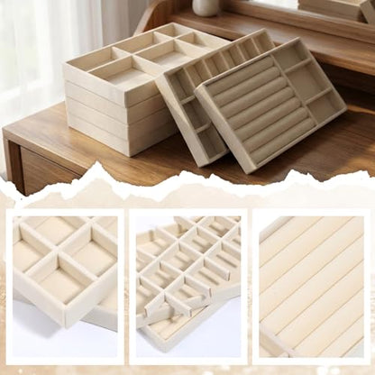 Set of 8 Velvet Jewelry Trays, Stackable Jewelry Organizer | Jewelry Drawer Inserts Divided Display Trays for Earring, Necklace, Ring, Bracelet (4 Styles, Beige)