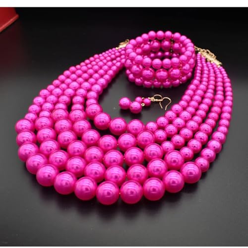 Faux Big Pearl Srand Necklaces for Women 5 Layers Pearls Choker Bib Collar Necklace Bracelet and Earrings set 1920s Costume Pearl Jewelry Bridal Wedding - color: fuchsia
