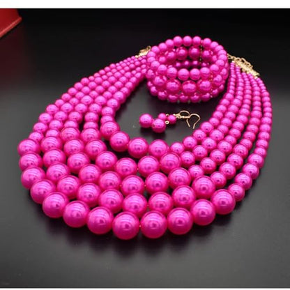 Faux Big Pearl Srand Necklaces for Women 5 Layers Pearls Choker Bib Collar Necklace Bracelet and Earrings set 1920s Costume Pearl Jewelry Bridal Wedding - color: fuchsia