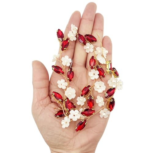 Bridal Crystal Flower Headband Wedding Rhinestone Pearl Floral Hair Vine Headpiece Accessories for Women Girls (Wine Red Crystal Gold Vine) - color: Wine Red Crystal Gold Vine
